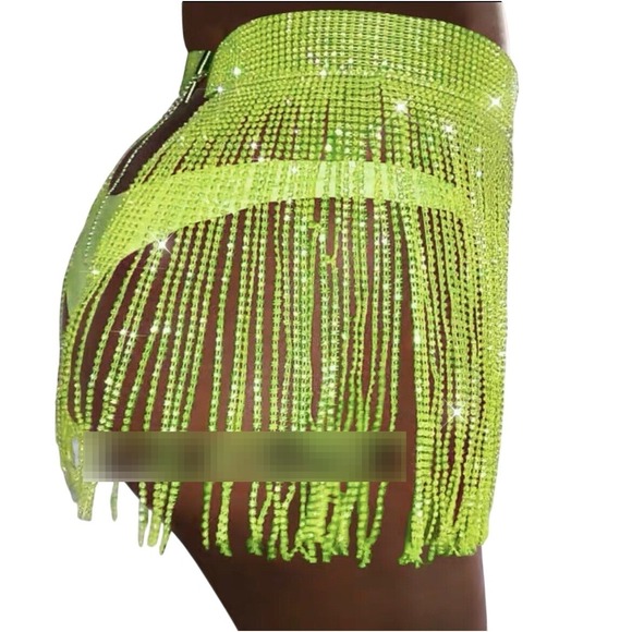 Dresses & Skirts - Womens Neon Lime Green Rhinestone Fringe Mini Skirt Festival‎ Clubwear